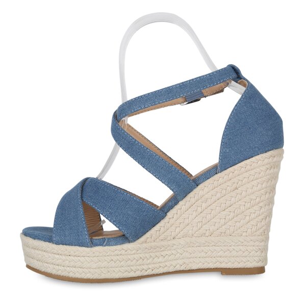 Stiefelparadies Damen Plateau Sandaletten in Blau Denim
