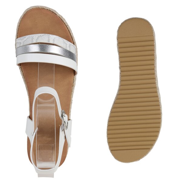 Stiefelparadies Damen Plateau Sandaletten In Weiss Silber Metallic Snake