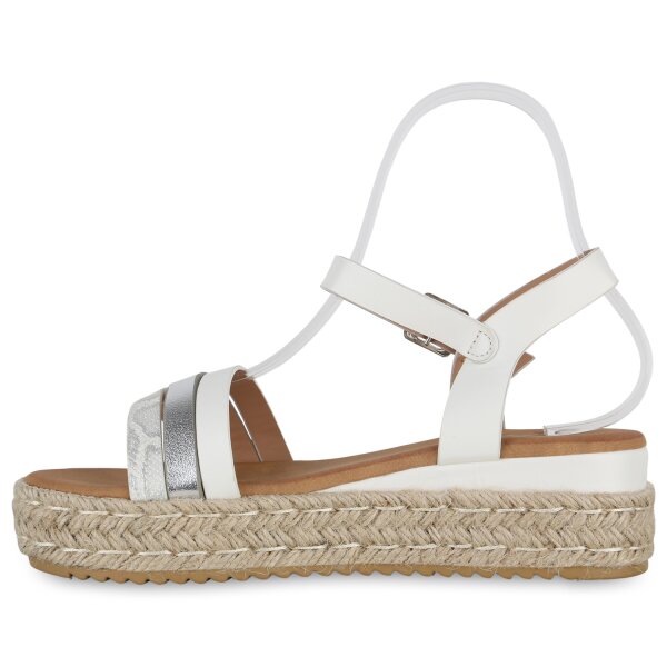 Stiefelparadies Damen Plateau Sandaletten in Weiss Silber Metallic Snake