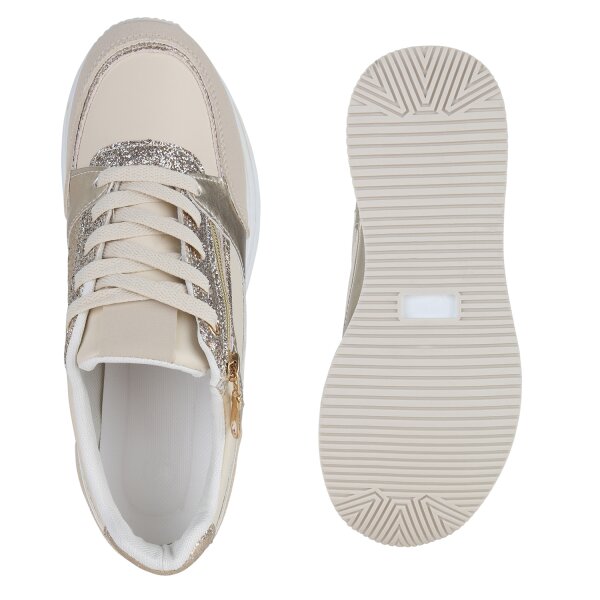 Stiefelparadies Damen Plateau Sneaker In Beige Gold Metallic