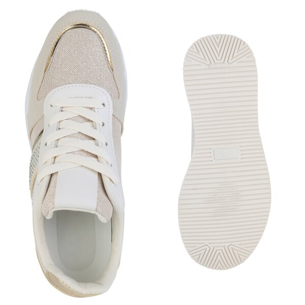 Stiefelparadies Damen Plateau Sneaker In Beige Gold Metallic