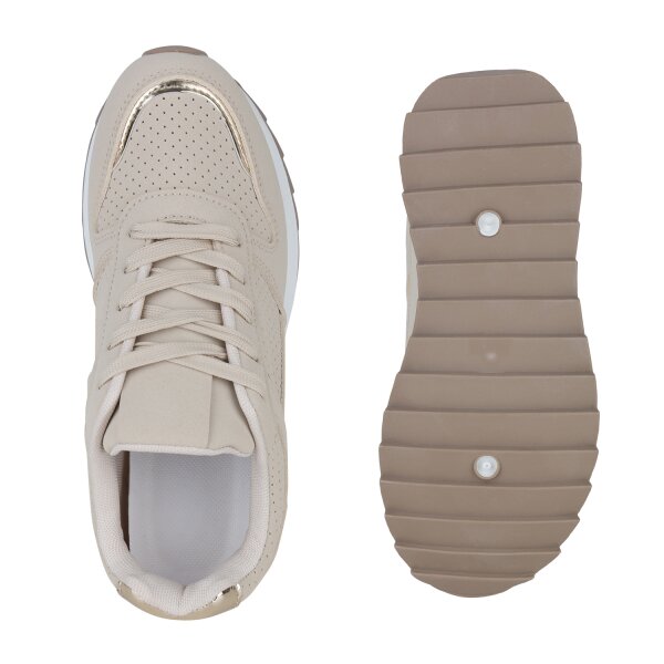 Stiefelparadies Damen Plateau Sneaker In Beige Gold Metallic