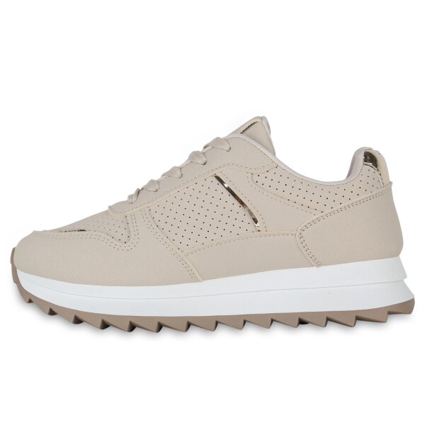 Stiefelparadies Damen Plateau Sneaker in Beige Gold Metallic