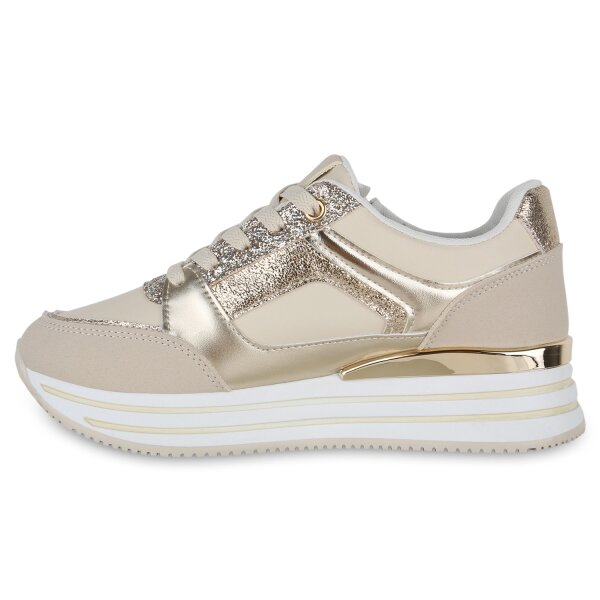 Stiefelparadies Damen Plateau Sneaker in Beige Gold Metallic
