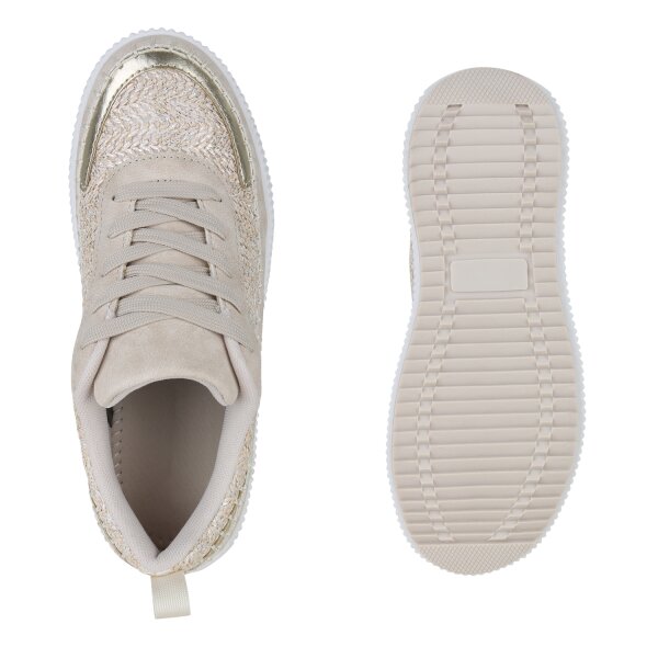 Stiefelparadies Damen Plateau Sneaker In Beige Metallic