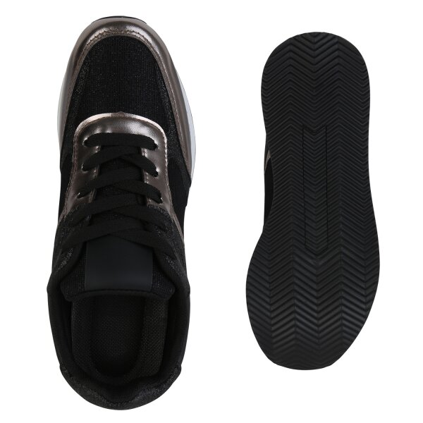 Stiefelparadies Damen Plateau Sneaker In Beige Olivgrün Gold Metallic