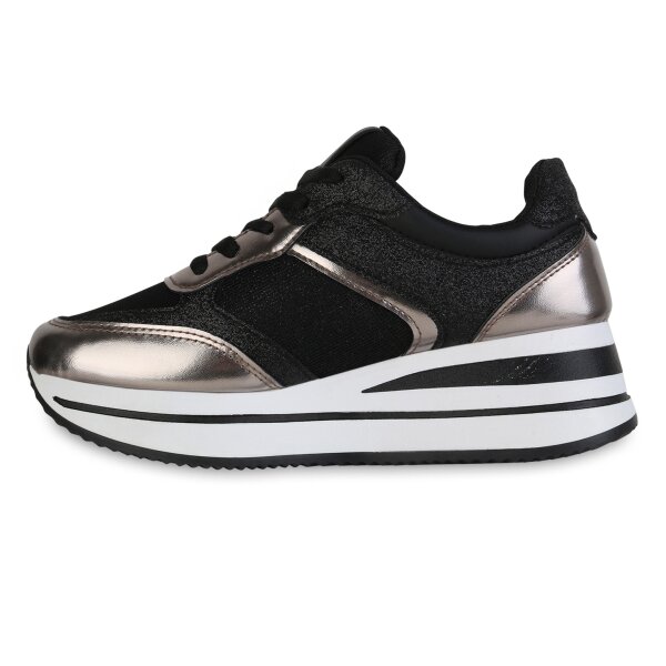 Stiefelparadies Damen Plateau Sneaker in Beige Olivgrün Gold Metallic