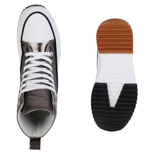 Stiefelparadies Damen Plateau Sneaker In Grau Metallic