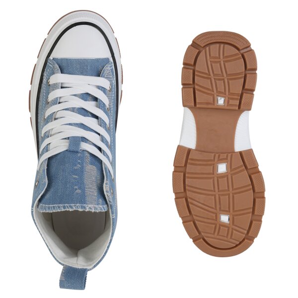 Stiefelparadies Damen Plateau Sneaker In Hellblau Denim