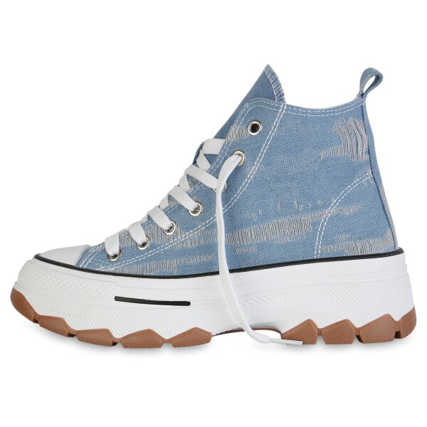 Stiefelparadies Damen Plateau Sneaker in Hellblau Denim