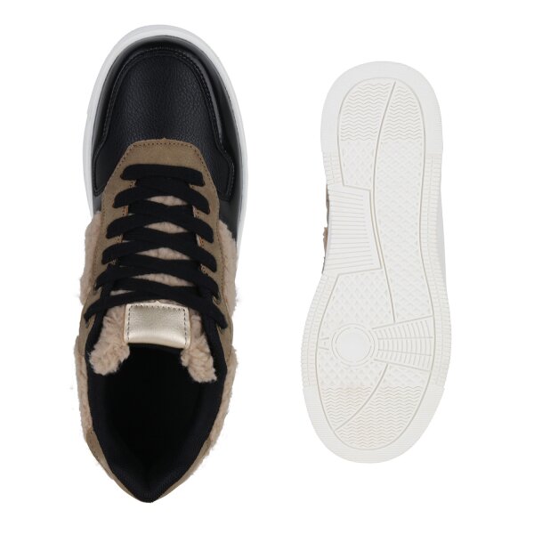 Stiefelparadies Damen Plateau Sneaker In Schwarz Beige Gold Metallic