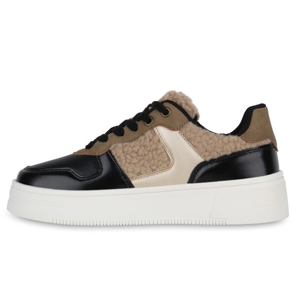 Stiefelparadies Damen Plateau Sneaker in Schwarz Beige Gold Metallic