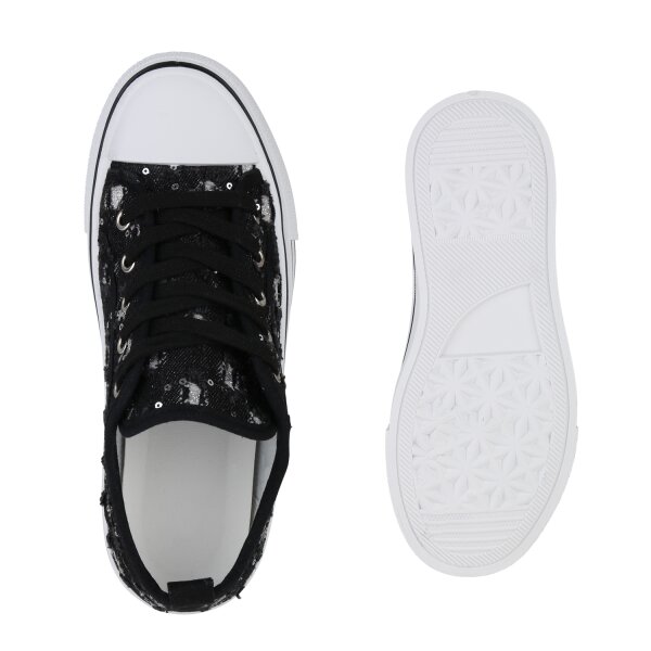 Stiefelparadies Damen Plateau Sneaker In Schwarz Denim