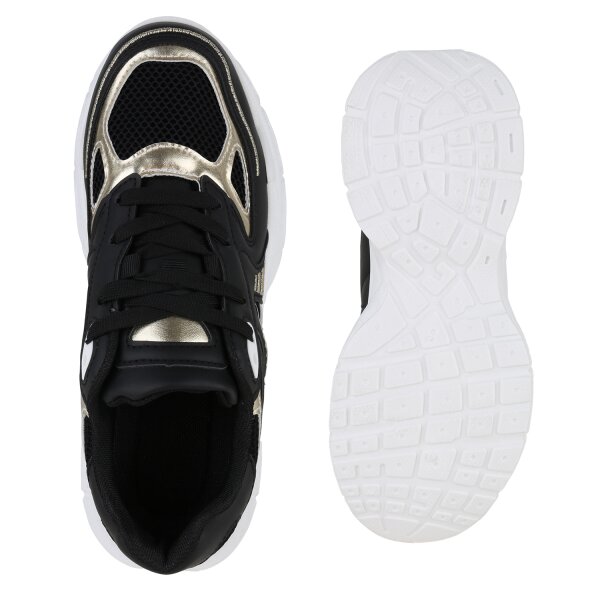 Stiefelparadies Damen Plateau Sneaker In Schwarz Gold Metallic