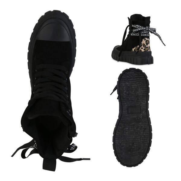 Stiefelparadies Damen Plateau Sneaker In Schwarz Leo