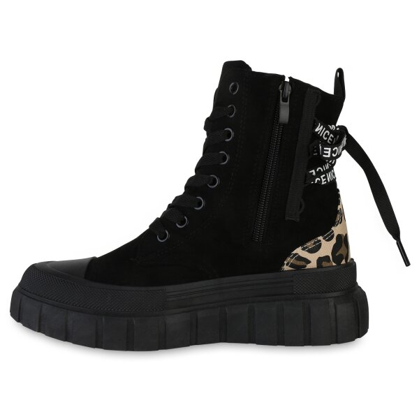 Stiefelparadies Damen Plateau Sneaker in Schwarz Leo