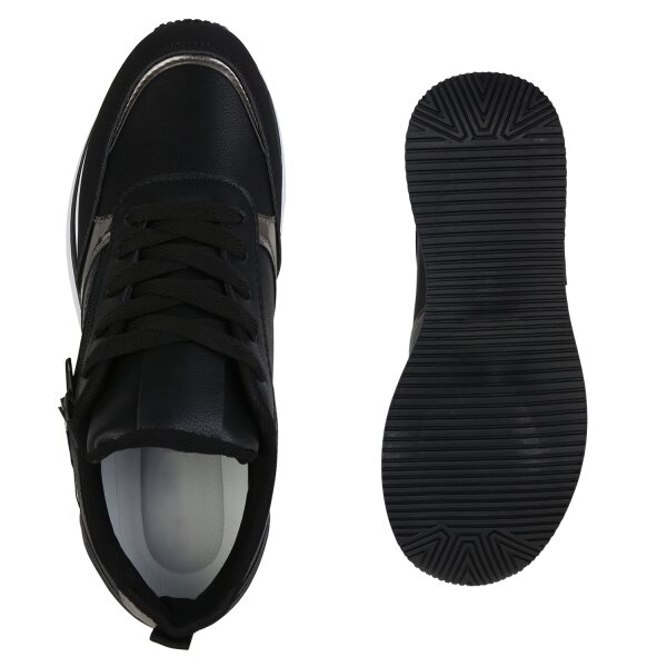 Stiefelparadies Damen Plateau Sneaker In Schwarz Silber Metallic