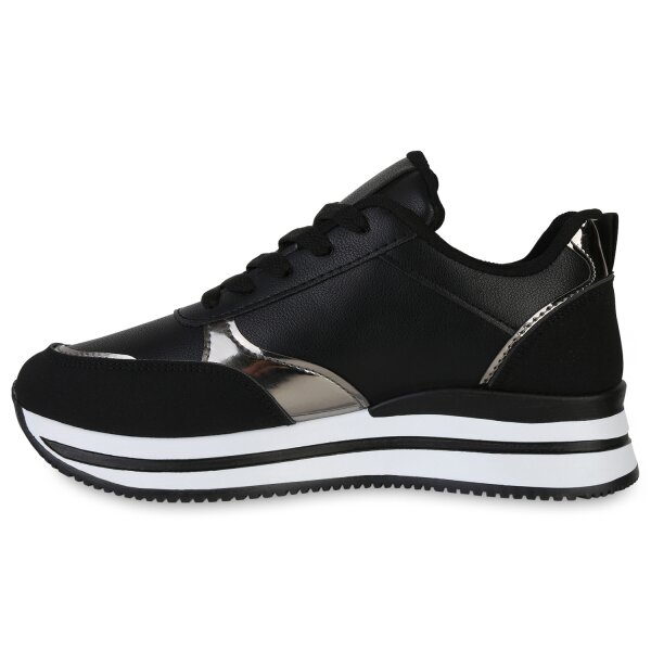 Stiefelparadies Damen Plateau Sneaker in Schwarz Silber Metallic