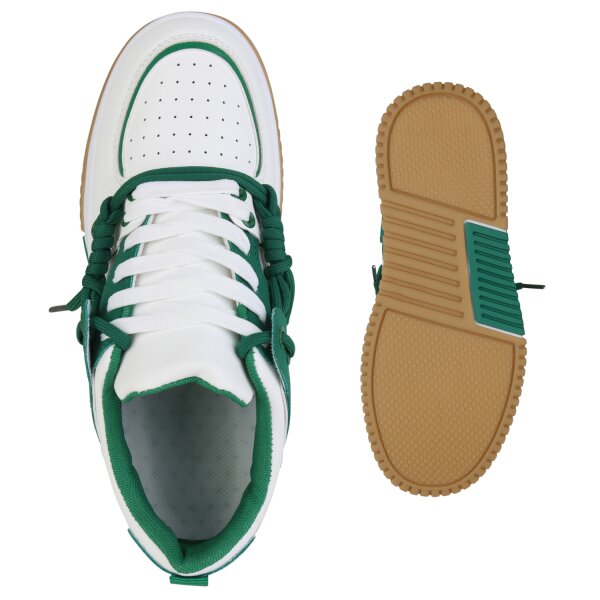 Stiefelparadies Damen Plateau Sneaker In Weiss Dunkelgrün