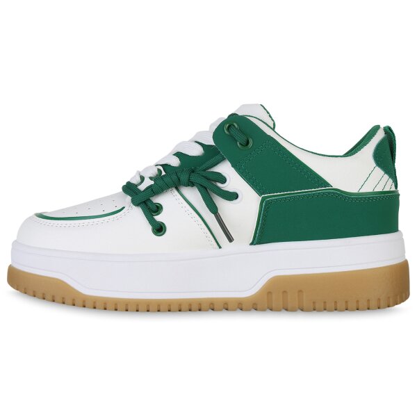 Stiefelparadies Damen Plateau Sneaker in Weiss Dunkelgrün