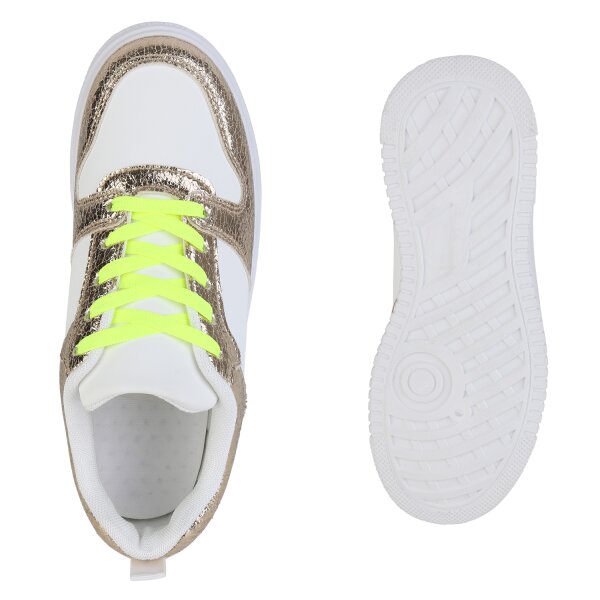 Stiefelparadies Damen Plateau Sneaker In Weiss Gold Snake