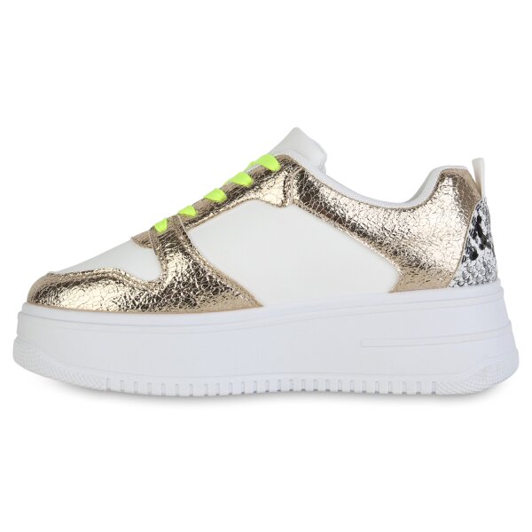 Stiefelparadies Damen Plateau Sneaker in Weiss Gold Snake