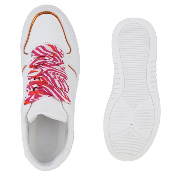 Stiefelparadies Damen Plateau Sneaker In Weiss Orange Metallic