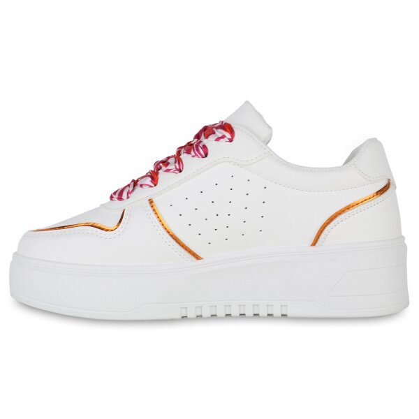 Stiefelparadies Damen Plateau Sneaker in Weiss Orange Metallic