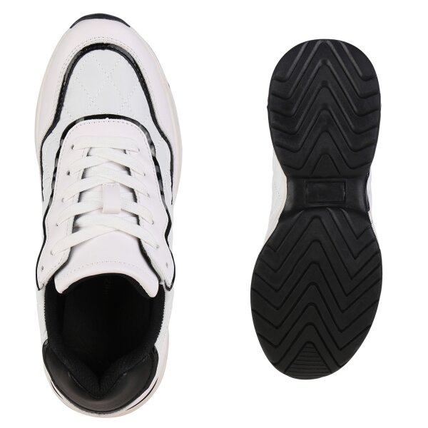 Stiefelparadies Damen Plateau Sneaker In Weiss Schwarz Lack