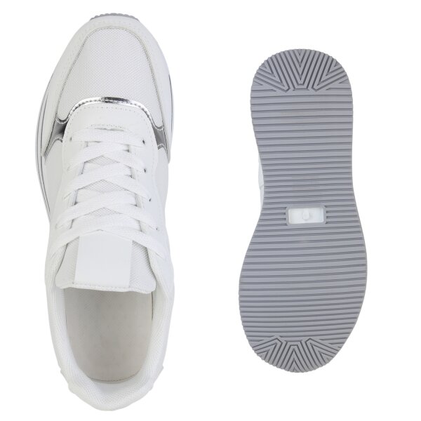 Stiefelparadies Damen Plateau Sneaker In Weiss Silber Metallic