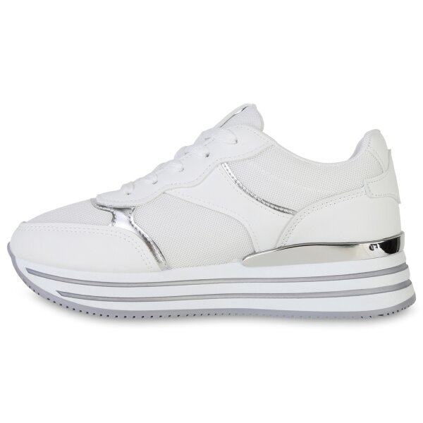 Stiefelparadies Damen Plateau Sneaker in Weiss Silber Metallic