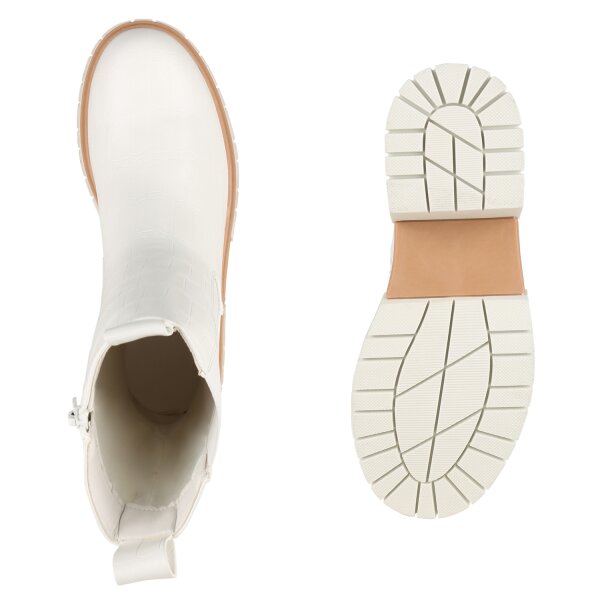 Stiefelparadies Damen Plateaustiefel In Weiss Kroko