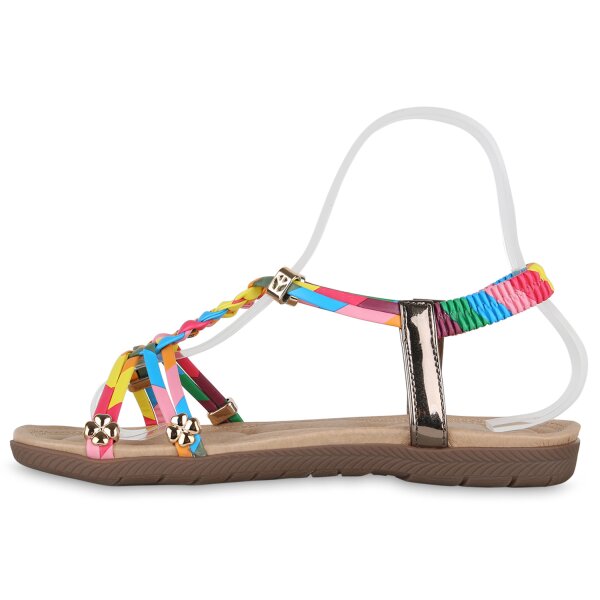 Stiefelparadies Damen Riemchensandalen in Rosa Blau Gelb Metallic