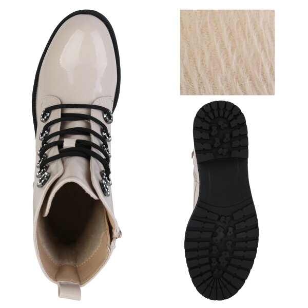 Stiefelparadies Damen Schnürstiefeletten In Beige Lack