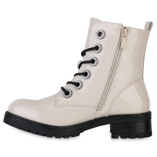 Stiefelparadies Damen Schnürstiefeletten in Beige Lack
