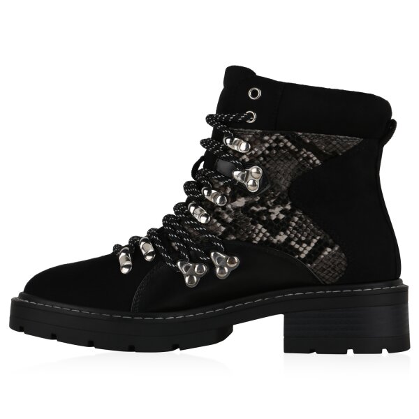 Stiefelparadies Damen Schnürstiefeletten in Schwarz Dunkelgrau Hellgrau Snake