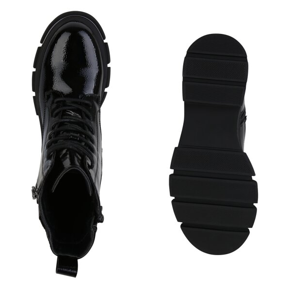 Stiefelparadies Damen Schnürstiefeletten In Schwarz Lack