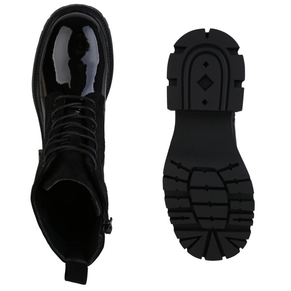Stiefelparadies Damen Schnürstiefeletten In Schwarz Lack