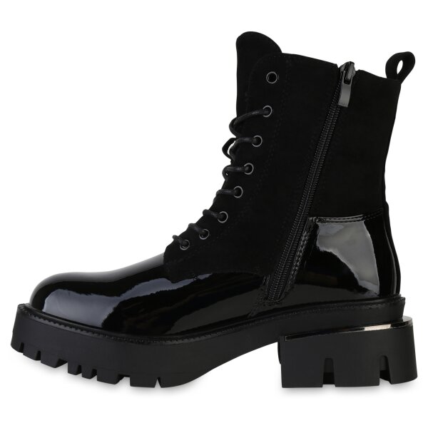 Stiefelparadies Damen Schnürstiefeletten in Schwarz Lack