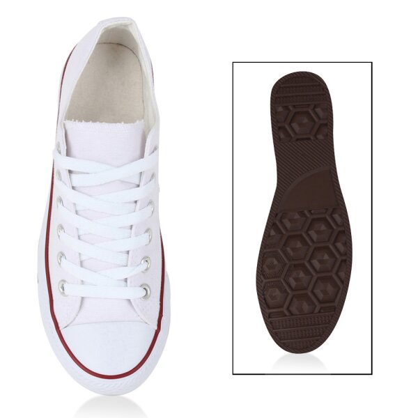 Stiefelparadies Damen Sneaker Low In Weiss Rotstreifen Lucky