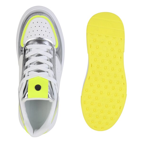 Stiefelparadies Damen Sneaker Low In Weiss Silber Metallic