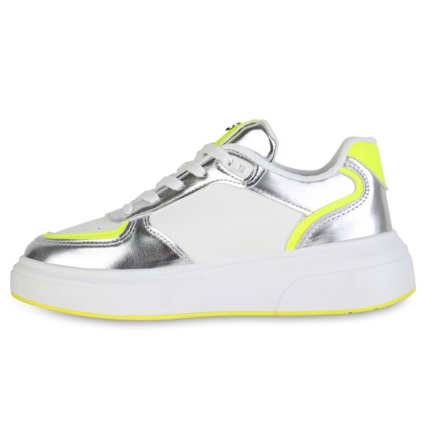 Stiefelparadies Damen Sneaker Low in Weiss Silber Metallic