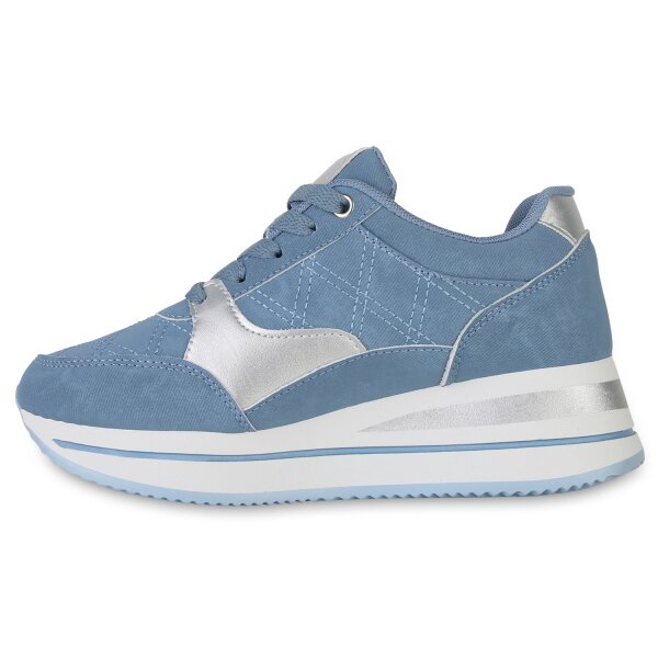 Stiefelparadies Damen Sneaker Wedges in Blau Silber Metallic
