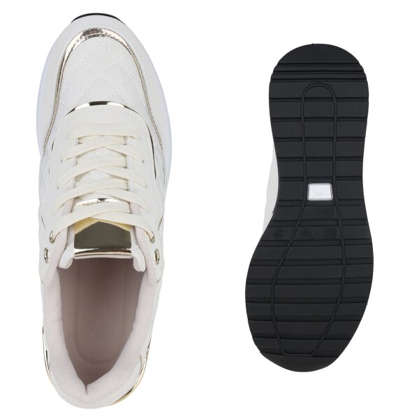 Stiefelparadies Damen Sneaker Wedges In Creme Gold Metallic