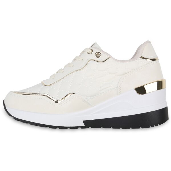 Stiefelparadies Damen Sneaker Wedges in Creme Gold Metallic