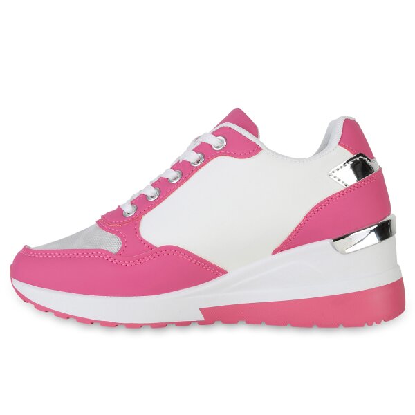 Stiefelparadies Damen Sneaker Wedges in Fuchsia Silber Metallic