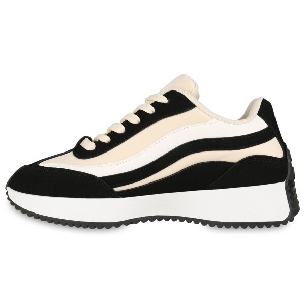 Stiefelparadies Damen Sneaker Wedges in Schwarz Beige Weiss