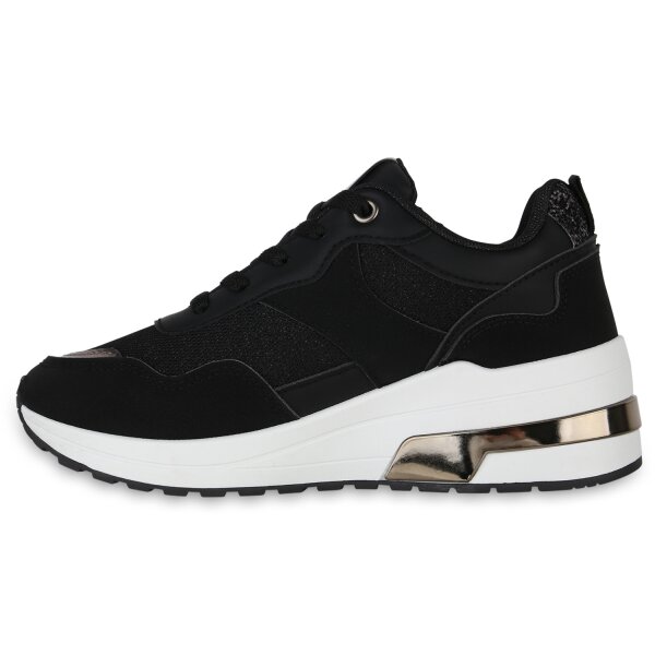 Stiefelparadies Damen Sneaker Wedges in Schwarz Grau Metallic