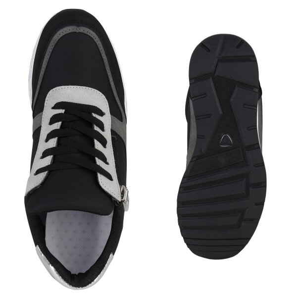 Stiefelparadies Damen Sneaker Wedges In Schwarz Silber Metallic