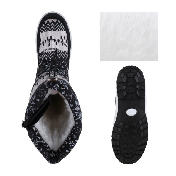 Stiefelparadies Damen Winterstiefel In Schwarz Beige Weiss Muster